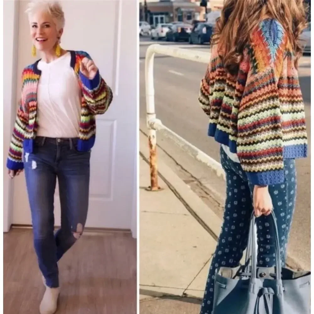 Moth Sweater Small Betty Knit Cardigan Multicolor Crochet Open Knit Boho Artsy - Picture 6 of 15